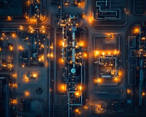 Poster - Aerial view of a modern industrial complex at night, illuminated by numerous lights. A labyrinth of pipelines and machinery creates a stunning pattern against the dark background.
