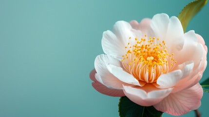 Wall Mural - A beautiful camellia japonica flower in full bloom against a soft, out-of-focus background.