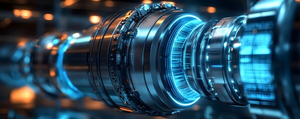 Poster - Futuristic engine component showcasing advanced technology with glowing blue details. Perfect for designs related to innovation, engineering, and the future of transportation.
