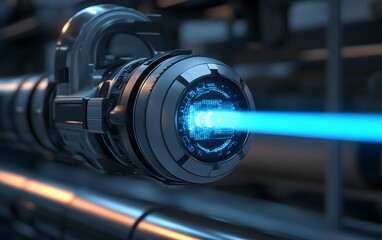 Poster - Futuristic technology featuring a detailed laser emitter with a blue beam, showcasing advanced engineering and design in a modern industrial setting, perfect for innovation themes.