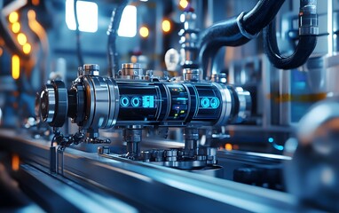 Poster - Intricate machinery display with glowing digital interfaces, showcasing advanced technology in a modern industrial environment. Perfect for illustrating innovation and automation.