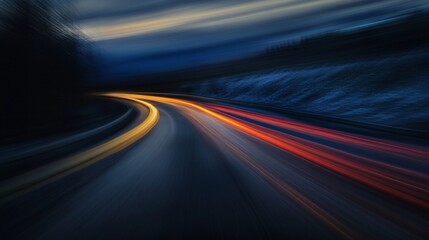 Poster - Winding road at night showing car lights streaking by in time lapse photography