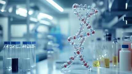 Poster - scientific research action dna structure visualization in laboratory environment 3d model perspectiv