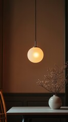 Poster - A gentle glow from a round pendant light casts a serene atmosphere in a cozy dining space. A simple vase with dried branches adds a touch of elegance to the inviting ambiance