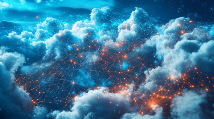 Poster - Cosmic digital network connecting clouds dreamlike sky abstract art enchanted atmosphere aerial view futuristic concept