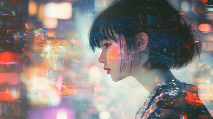 Poster - Futuristic portrait of a young woman urban setting digital art surreal environment side view modern aesthetic