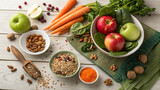 Fresh spices and herbs with vegetables and ingredients on a wooden table
