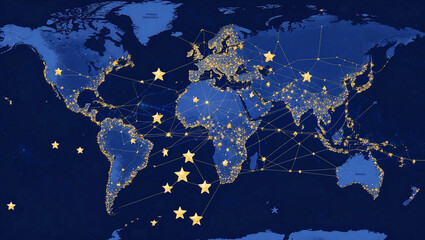 dark blue world map with star network web