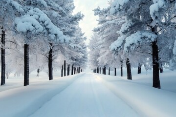 Wall Mural - snow covered road leading through beautiful winter forest