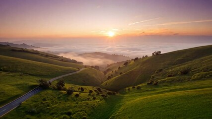 Wall Mural - ai generated lush mountain landscape with road over the clouds at sunset with clear skies