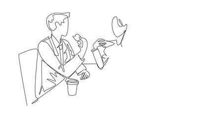 Poster - Animated self drawing of single one line drawing businessman and businesswoman are eating pizza at the office table. Ordering food. National Make Lunch Count Day. Full length single line animation