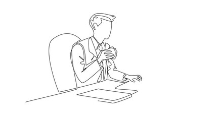 Poster - animation of continuous one line drawing businessman typing on keyboard while holding burger in one 