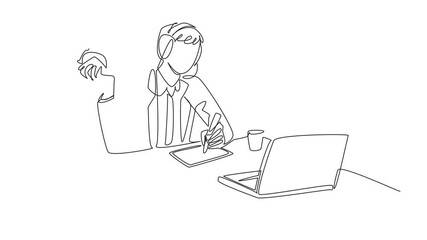Poster - Self drawing animation of single line drawing businessman wearing headphones with mic. Technical support serves consumers via telephone while eating. Saving time. Deskfast Day. Full length animated