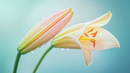 Fototapete - In a tranquil moment, two lilies display their elegant petals kissed by droplets of dew, reflecting soft morning light. The scene embodies serenity and natural beauty