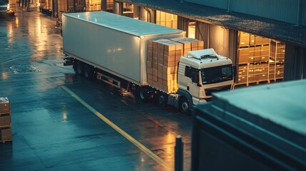 Poster - Semi-trailer truck delivering goods to a warehouse at night