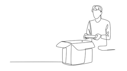 Poster - self drawing animation of single one line drawing a man puts a stack of books into a cardboard box. 