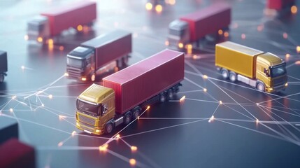 Poster - Logistics operations with trucks transporting goods digital network 3d visualization urban environment close-up view supply chain management