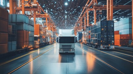 Poster - Truck transporting goods in high-tech warehouse industrial area digital art modern environment dynamic viewpoint