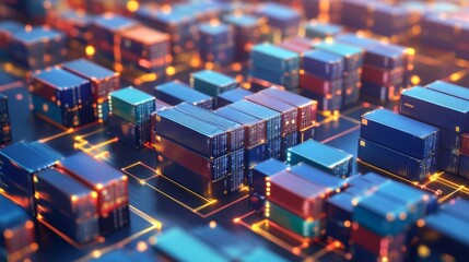 Poster - Cargo shipping containers global port digital art nighttime aerial view logistics concept