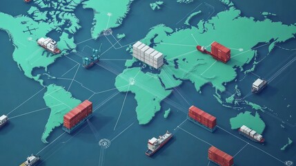 Poster - Global shipping and trade operations world map digital illustration maritime environment aerial view logistics visualization