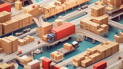 Poster - Logistics operations urban setting 3d animation delivery network aerial view supply chain management