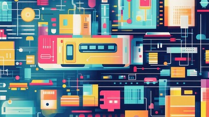 Poster - Colorful digital cityscape, interconnected technology, vibrant abstract background