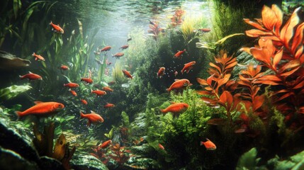  Underwater aquarium fish school vibrant plants sunlight