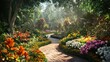 © fatah - Lush tropical garden path, sunlight, flowers, foliage, background