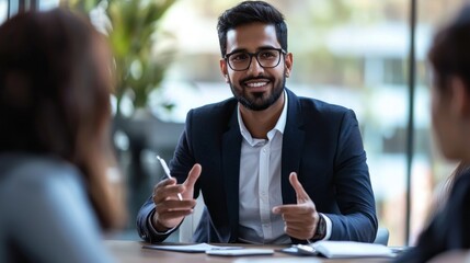 Poster - A well-dressed man leads a vibrant discussion with colleagues in a contemporary office filled with greenery. Their focused expressions show a commitment to collaboration and innovation