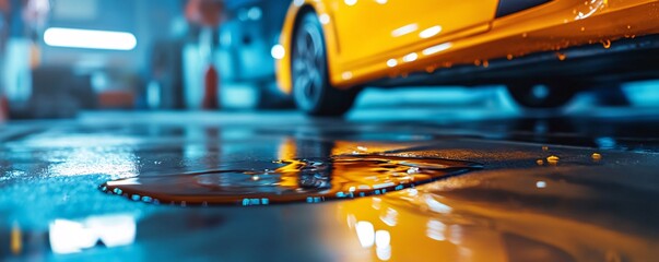 Poster - Water dripping from a yellow car recently washed in a garage