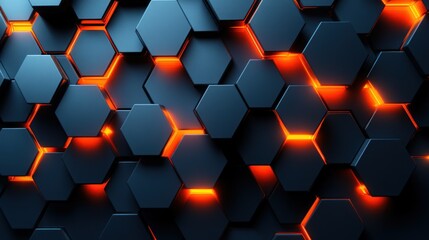 Fototapete - Abstract Hexagon Pattern: Glowing Orange and Dark Blue Geometric Design