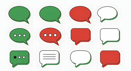 Aufkleber - A network of twelve speech bubble icons, presented in a flat vector style with clean lines and solid color fills. The color palette is limited to green, red, and white. Vector Illustration