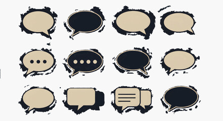 Aufkleber - A grid of twelve simple speech bubble icons, presented in pale gold or beige on a deep dark background. Each speech bubble is outlined with thin black lines. Vector Illustration