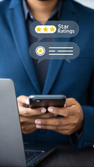 Poster - Professional using smartphone and laptop for online reviews. Close-up of person in navy suit interacting with digital feedback. Businessperson analyzing star ratings and chat bubbles on mobile device.