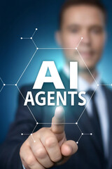 Poster - Futuristic AI agent interaction with virtual interface. Person in suit points at AI technology display. Digital illustration of AI agents and hexagonal nodes.