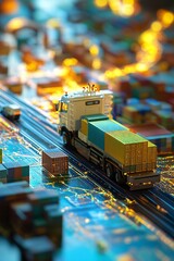 Poster - Miniature semi-trailer truck is transporting cargo containers on a digital road map at night