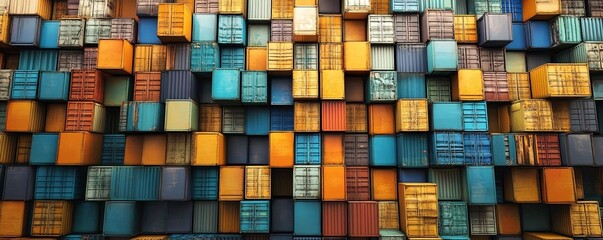 Poster - Wall of colorful shipping containers is towering over the viewer