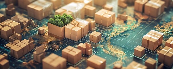 Poster - Visualizing a sustainable global shipping and logistics network with cardboard boxes and green trees