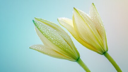 Aufkleber - Delicate yellow flowers with soft green accents awaken in a serene garden, adorned with droplets of water that sparkled under the soft morning rays, inviting a sense of peace