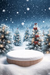 Poster - Snowy podium surrounded by twinkling christmas trees creates a magical winter wonderland ambiance