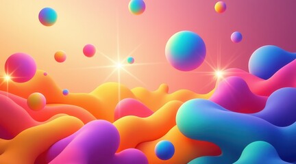 Fototapete - A vibrant digital landscape featuring colorful, swirling shapes and floating spheres, creating a sense of depth and movement.