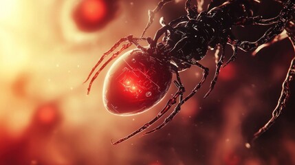 Robotic spider with red glowing abdomen in a dark, blood-like environment.