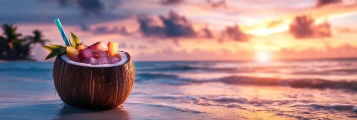 Poster - Refreshing summer cocktail in coconut shell as sunset paints the beach with vibrant colors