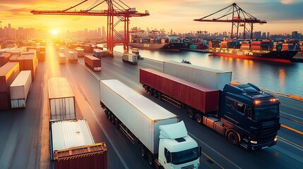 Poster - Breathtaking view of cargo trucks and containers at a bustling port during sunset : Generative AI