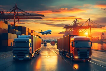 Poster - Dynamic Logistics Scene with Trucks and Cargo at Sunset with Airplane Taking Off from Airport : Generative AI