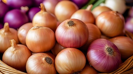 Poster - Colorful assortment of fresh onions stacked neatly in a woven basket showcasing their natural beauty : Generative AI