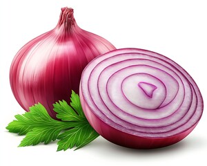 Poster - Freshly cut red onion with layers showing the vibrant purple color and green parsley leaves : Generative AI