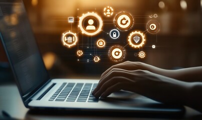Fototapete - Close-up view of a hand typing on a laptop with digital icons representing technology and modern communication : Generative AI