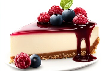 Poster - Homemade cheesecake slice topped with raspberry and blueberry fruit sauce garnish : Generative AI