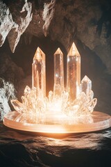 Poster - Glowing clear quartz crystals emitting a mystical aura in an enigmatic cave